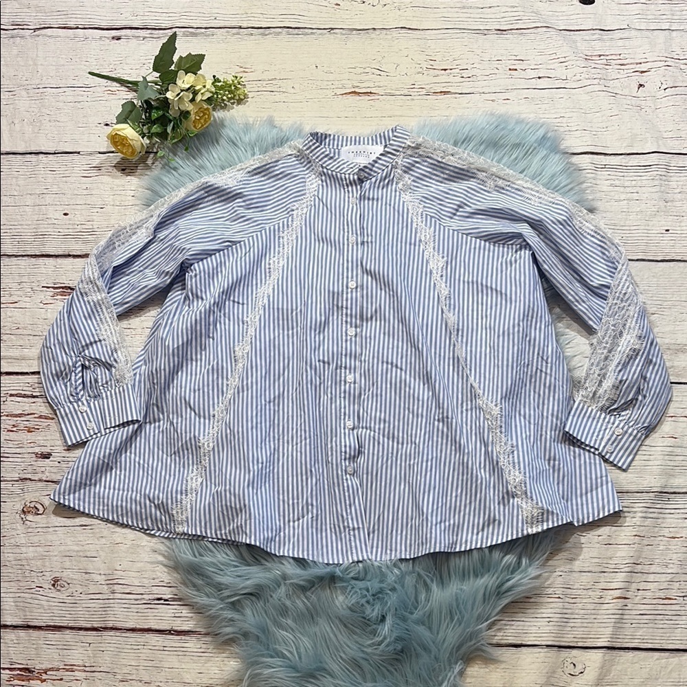The Shirt by Rochelle Behrens Lace Accent Blue white Stripe Button Down sz S